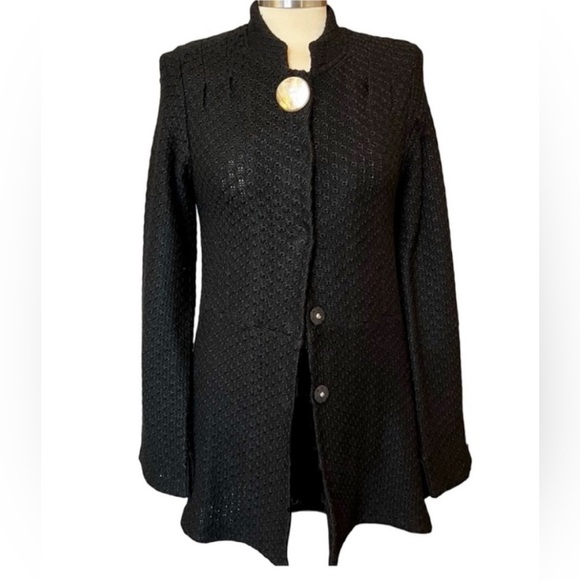 Anthropologie Cross Stitch Heart black Sweater Jacket Abalone shell Y2K Small - Picture 7 of 7